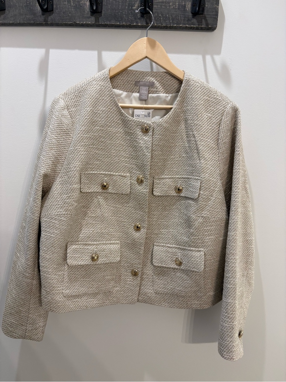 H&M Cream Textured Boxy Blazer with Gold Buttons